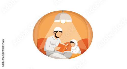 Muslim father and daughter reading the Quran together under a warm lamp, a heartwarming illustration of spiritual guidance, education, and family devotion.