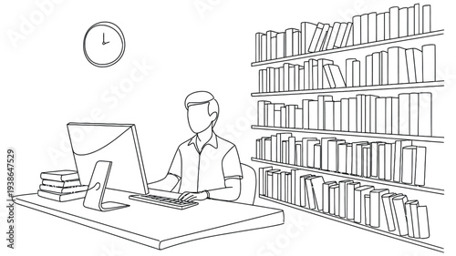 Single one line drawing female librarian sitting in chair typing on keyboard, daily routine work activity illustration, minimalist continuous line style character, simple modern vector concept for off
