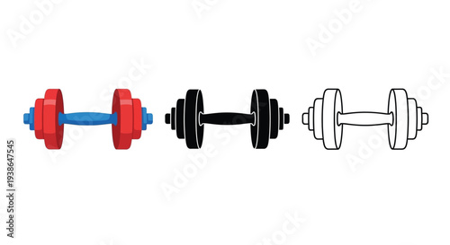 Vector graphic illustration of three dumbbells in different styles and colors