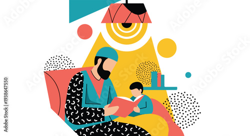 Father and son bonding over a book, a heartwarming illustration of family time, education, and shared learning in a modern, vibrant style.