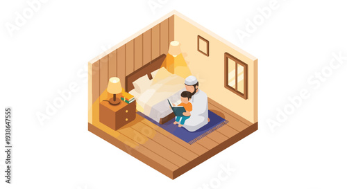 Isometric Illustration of Muslim Father and Son Reading Holy Book Together on Prayer Mat in Bedroom, Islamic Family Education and Bonding