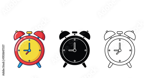Set of vector alarm clock illustrations in different styles and color variations available