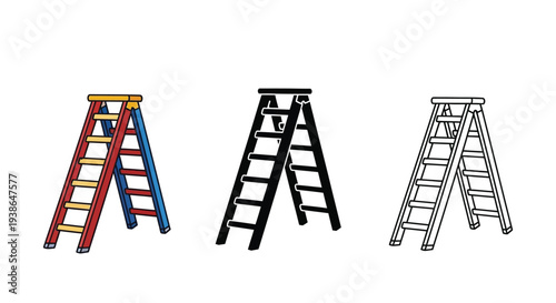 Vector graphic illustration of three step ladders in various colors and styles
