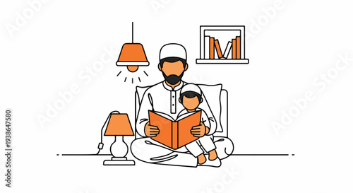 Muslim father and son reading a holy book together, teaching and learning about Islamic faith and family values in a cozy home setting.