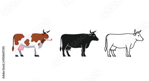 Cow illustrations in different styles and colors for versatile design applications effectively