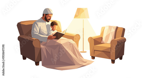 Middle Eastern father and son in traditional attire enjoying a heartwarming story time at home, a beautiful illustration of family bonding and education.