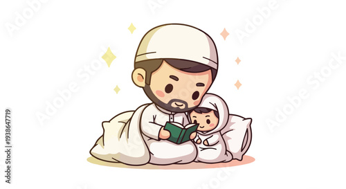 Cute cartoon illustration of a Muslim father reading the Quran to his child at bedtime, depicting family bonding and Islamic education.