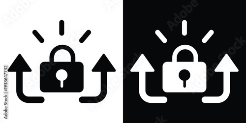 A secure padlock icon with upward arrows and light rays. Represents encrypted data transfer, secure cloud uploads, privacy protection updates, and safe system maintenance protocols.