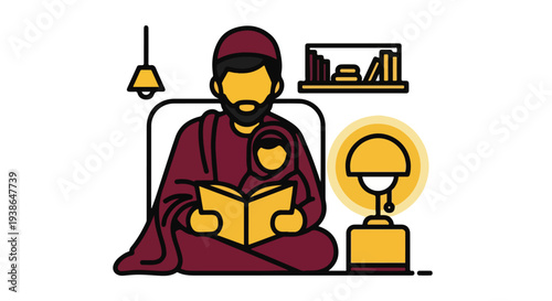 Minimalist illustration of a loving father reading a bedtime story to his child, depicting family bonding, education, and quiet time at home.