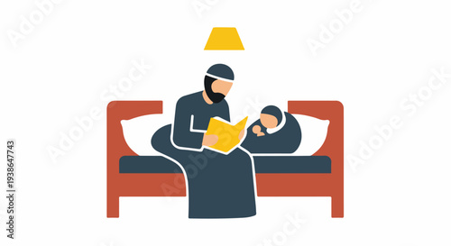 Father reading a bedtime story to his sleeping child, illustration of family bonding and love at night