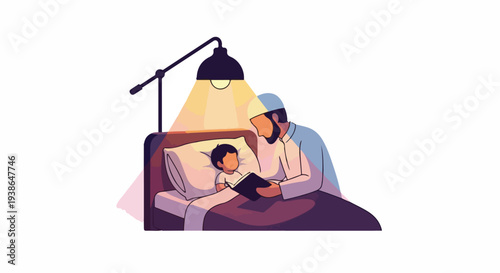 Father reading a storybook to his son in bed under a lamp, illustrating family bonding and bedtime routine.
