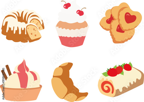 Bakery dessert set with cake cupcake croissant cookies ice cream vector illustration