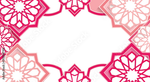 Pink and red geometric ornamental frame with traditional Islamic patterns ideal for cultural events invitations or greeting cards