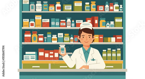 Pharmacist with medication bottles shelf display health care concept illustration