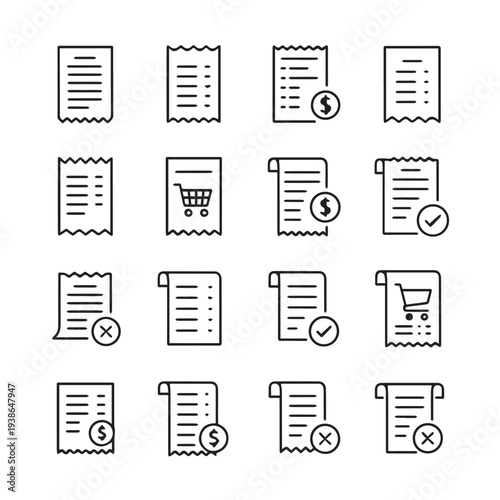 Receipt Icons Collection: Shopping Cart Dollar Checkmark X Mark