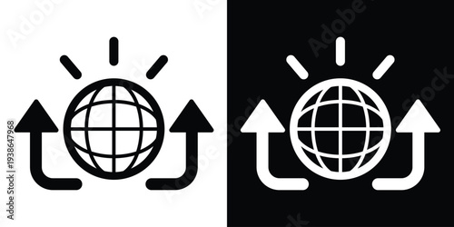 Vector globe icon with rising arrows and light rays. Symbolizes global communication, international business growth, world data transfer, and worldwide internet connectivity expansion.