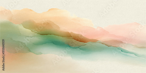 Abstract watercolor background featuring tropical clouds over a blue summer ocean and sandy beach horizon in a serene nature paradise seascape