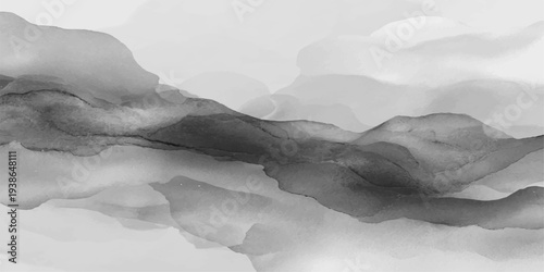 Vector illustration of a hand holding a cloud over a misty mountain landscape with a winter sunrise reflecting on a lake in the forest valley