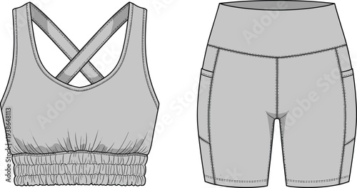Technical Fashion Flat Sketch of Women Sports Bra and High Waisted Biker Shorts Set with Pockets, Activewear Template, Vector, Gray