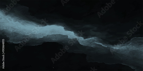 Abstract dark smoke swirls like a storm cloud over a black mountain landscape under the faint light of a night sky