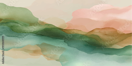 A serene watercolor painting of a misty mountain landscape at sunrise featuring a soft cloudy sky reflecting over a calm lake and distant forest hills