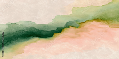 Abstract green watercolor paint design on textured vintage paper background with a pink grunge pattern and colorful artistic illustration