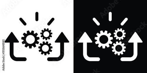 Cogs and gears icon with rising arrows. Conceptual symbol for workflow automation, mechanical efficiency, system upgrades, process improvement, and technical productivity growth.