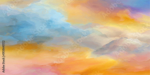 A beautiful abstract watercolor landscape featuring a dramatic sunset sky with vibrant orange and red clouds illuminated by bright golden sunlight during a colorful dawn atmosphere