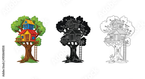 Cartoon colorful treehouse set including flat color silhouette and outline versions for design