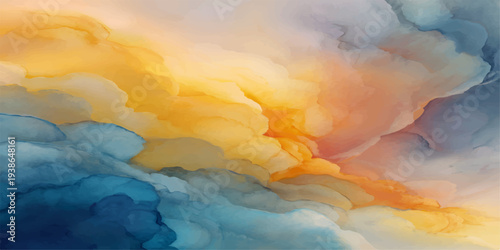 Fluffy white cumulus clouds drift across a bright blue sky as the sun shines through the airy atmosphere of this light and heavenly nature landscape view from high above the cloudscape