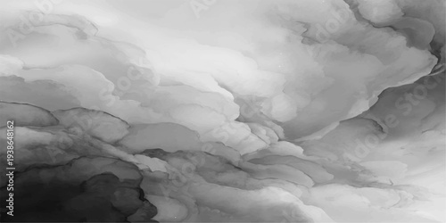 White cumulus clouds float in the blue atmosphere above a cold winter landscape of ice and snow, offering a heavenly aerial view of the nature-filled cloudscape during a day of high-altitude travel