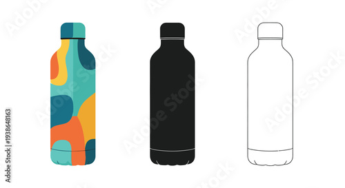 Collection of reusable insulated water bottle designs featuring colorful pattern solid black and line art variations