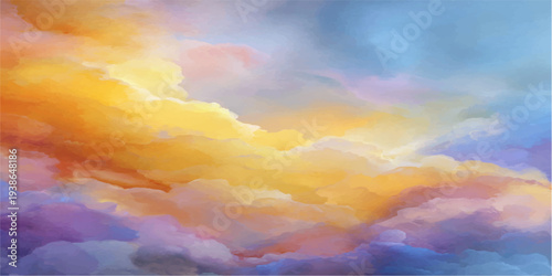 A beautiful sunset landscape features dramatic colorful clouds in the blue and orange sky as bright sunlight from the sun creates an abstract natural cloudscape at dusk