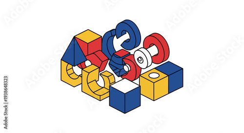 Colorful 3D geometric shapes and puzzle pieces.