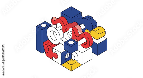 3D puzzle pieces interlocking with each other in red blue and yellow.