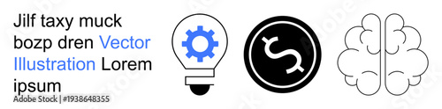 Innovation, finance, business strategy, technology solutions, creativity, learning. Gear light bulb, dollar sign and brain icons ideas financial goals and innovation. Innovation and finance