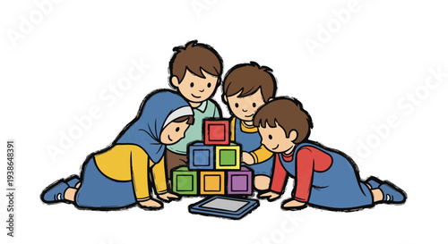 Diverse group of young children playing together with colorful building blocks, learning and cooperating