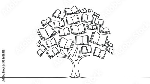 Single one line drawing tree with branches filled with various books, knowledge growth concept illustration, the higher the level the more knowledge is needed theme, minimalist continuous line art