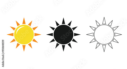 Three distinct sun icons illustrating diverse design styles for weather forecasts, light, and summer concepts.