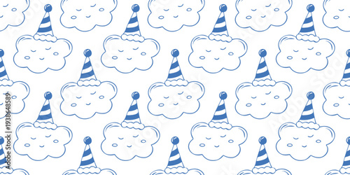 Cute seamless pattern with blue line sleeping smiling clouds wearing party hats. Classic vintage hand drawn minimalist vector background for wallpaper, newborn textile, first birthday design