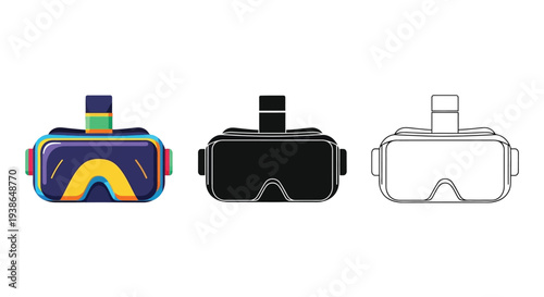 Three stylized depictions of a modern virtual reality headset for gaming and immersive experiences