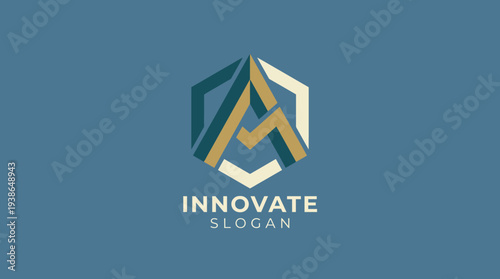 This hexagon logo features stylized mountains in a modern design, representing innovation, stability, and strength, ideal for brands focused on technology or outdoor adventure.