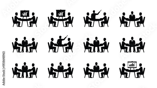 Team meeting silhouette icons for business presentations and corporate communication