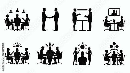 Black silhouette icons of businesspeople in various meeting and teamwork settings office collaboration communication and brainstorming
