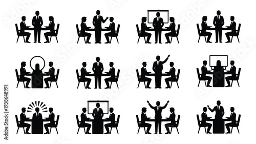 Black silhouettes of businesspeople in various meeting and teamwork poses around tables with chairs conveying collaboration and discussion in a corporate setting with white