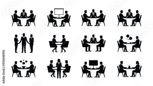 Black silhouette icons of businesspeople in various meeting and teamwork settings office collaboration communication and discussion