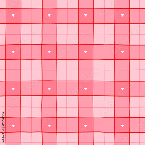 Pink plaid and hearts seamless pattern for Valentine day, gingham textile print, cute wrapping paper plaid design, checkered stripes with romantic symbols