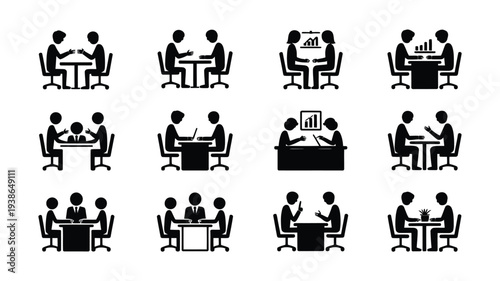 Office discussion and teamwork silhouette icons set people sitting at desks business communication and collaboration symbols