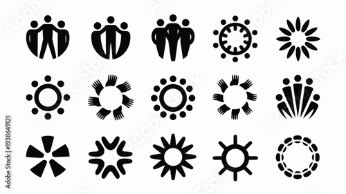Teamwork and collaboration logos with diverse silhouettes and circular patterns on white background