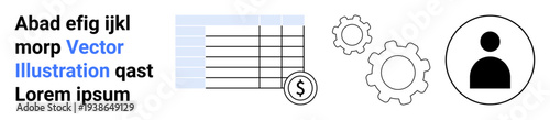 Business processes, data organization, finance tracking, user settings, workflow optimization, document analysis. Table with a dollar symbol, gears and a person icon. Data organization and finance